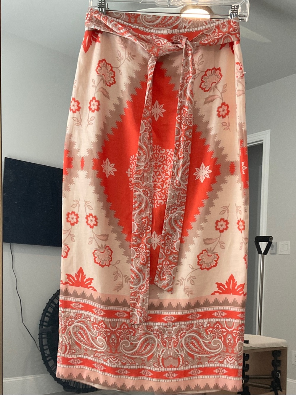 ANTONIO MELANI Coral and Cream Printed Maxi Skirt with Tie Waist